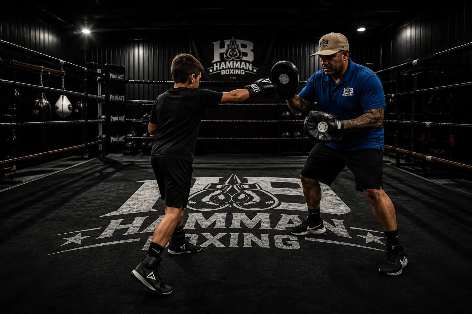 Coach Jordan Hamman holding focus mitts for a young boxer inside the Hamman Boxing ring