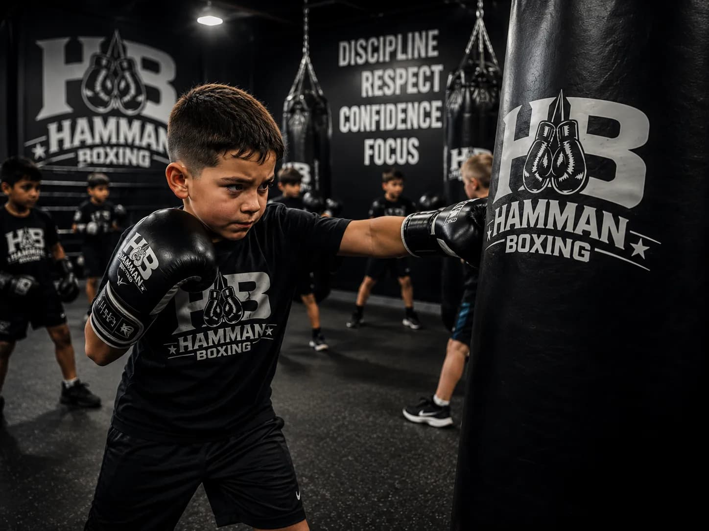 Young boxer in gloves working the heavy bag during a Youth Fundamentals class